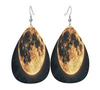 The golden moon. Women's Teardrop Leather Earrings - Lightweight PVC Dangle Earrings, 925 Silver Hooks, Double-Sided Prints | Hypoallergenic Gift