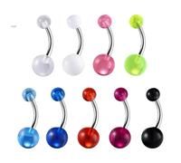 The Goldmine - 9-Pack Acrylic Belly Bars | Mixed Colour 14GA (1.6mm) Curved Navel Rings with 12mm Bar - 5/8mm Ball Sizes