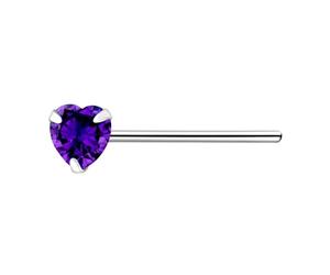 The Goldmine - 925 Sterling Silver Nose Stud with 3mm CZ Heart (Violet)