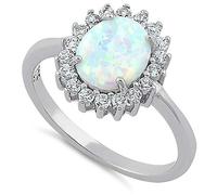 The Goldmine - 925 Sterling Silver Oval White Lab Opal and Clear Cubic Zirconia Ring - size Y