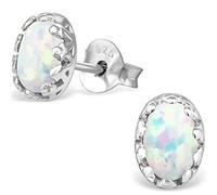 The Goldmine - Small Oval Shaped 925 Sterling Silver and White Multi-Colour Opal Stud Earrings