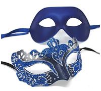 THE GOOD LIFE HIS N HERS PAIR OF CO-ORDINATED SILVER & BLUE COUPLES VENETIAN MASQUERADE CARNIVAL PARTY EYE MASKS