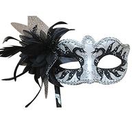 THE GOOD LIFE VENETIAN MASQUERADE CARNIVAL PARTY EYE MASK WITH FLOWER PEARLISED BLACK & SILVER ON A STICK