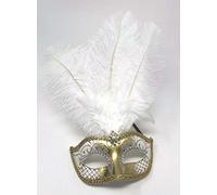 The Good Life WHITE & GOLD VENETIAN MASQUERADE PARTY EYE MASK WITH LONG FEATHERS WITH DIAMONTES