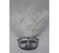 The Good Life WHITE & SILVER VENETIAN MASQUERADE PARTY EYE MASK WITH LONG FEATHERS WITH DIAMONTES
