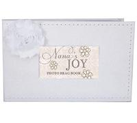 The Grandparent Gift Co. Nana's Joy Brag Book - White 5x7 Faux Suede Photo Album - Holds 32 Photos - Shabby Chic Fabric Flower Accent