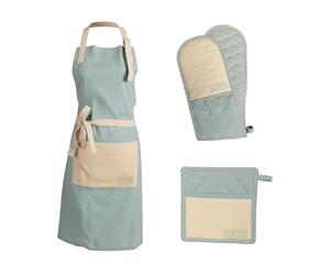 The Great British Bake Off Cotton Textiles Kitchen Set, Oven Gloves & Chef Apron, Heat Resistent Pot Holder Cooking Gloves, Official GBBO Logo, Duck Egg Blue, One Size.