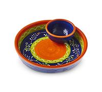 The Great Garlic Grater Handmade Olive Plate with Mini Bowl, Hand Painted Ceramic in Cordoba, Spain - Blue Plate with Green and Orange Circle, Wild Flowers Design, 4 Inch
