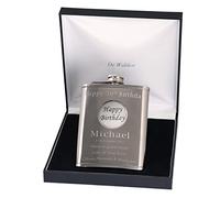 The Great Gifts Company 30th Birthday Stainless Steel Hip Flask | Solid Pewter 'Happy Birthday' Feature, 6oz Hip Flask, Includes Gift Box, Engraved Personalised Gift, Thirtieth Birthday Gifts