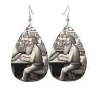 The great inventor Teardrop shaped leather earrings, set of 2, 925 silver plated ear hooks, non-rusting, with ear plugs, suitable for parties, Valentine's Day