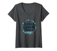 The Great Lake Times: Coastal Nostalgia V-Neck T-Shirt, Women, Dark Heather Grey, M