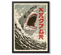 The Great Shark Attack Poster Japanese Anime Style Print. Great Wave Woodblock Animal Wall Art, Archival Matte, A2 (Black Frame) - 59.4x42cm