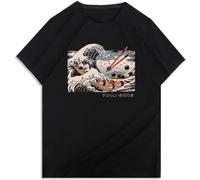 The Great Sushi Wave Japan Comics Style Print Men T-Shirts O-Neck ClothesT Shirt Breathable Man Tops Black Size L