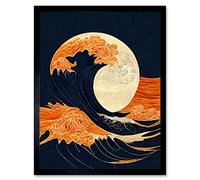 Wall Art Print The Great Wave at Full Moon Modern Japan Seascape Woodblock Art Framed Artery8 Black W12 inch x H16 inch