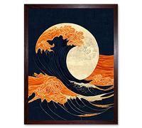 Wall Art Print The Great Wave at Full Moon Modern Japan Seascape Woodblock Art Framed Artery8 Brown W12 inch x H16 inch