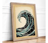 The Great Wave Japandi Framed Wall Art Print A4 (29.7×21cm) Oak, Wall