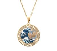 The Great Wave of Kanagawa Art Pendant Necklace Round Diamond Necklace Golden-Color Jewelry Charms for Women