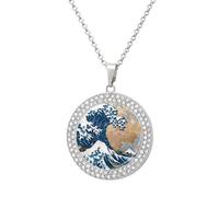 The Great Wave of Kanagawa Art Pendant Necklace Round Diamond Necklace Silver-Color Jewelry Charms for Women