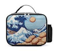 The Great Wave Off Cookiees Leather Insulated Lunch Bag Reusable Lunchbox Portable Tote Bags with Detachable Buckled Handle 21x27x9cm