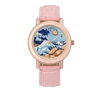 The Great Wave Off Cookiees Watch for Women Pink Leather Strap Ladies Watches Round Case Three-Hand Wrist Watch