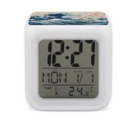 The Great Wave Off Kanagawa 7 Colors Changing Alarm Clock Digital Alarm Clock Bedside Clock for Home Bedroom