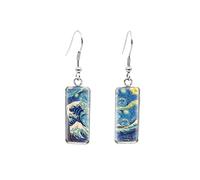 The Great Wave Off Kanagawa Rectangular Earring Hokusai Paintings Fish Hook Earring Photo Glass Dome Jewelry