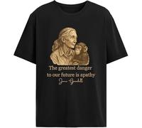 The Greatest Threat to Our Future is Indifference - Jane Goodall Printed T-Shirt (UK, Alpha, S, Regular, Regular, Black)