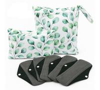 The Greener Living Company Reusable Sanitary Pads, 5 Pack Black Bamboo Menstrual Towels with 2 Waterproof Wet Bags, Medium to Heavy Flow (5 Medium Pads, 2 Leaf Wet Bags)
