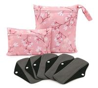 The Greener Living Company Reusable Sanitary Pads, 5 Pack Black Bamboo Menstrual Towels with 2 Waterproof Wet Bags, Medium to Heavy Flow (5 Medium Pads, 2 x Pink Blossom Wet Bags)