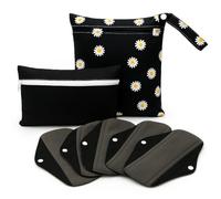 The Greener Living Company Reusable Sanitary Pads, 5 Pack Black Bamboo Menstrual Towels with 2 Waterproof Wet Bags, Medium to Heavy Flow (5 Medium Pads 2 Black Wet Bags)