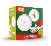The Grinch™ 12-Piece Porcelain Dinner Set, 27cm Plates, Christmas Collection, Green Tree Design, Star Border, Microwave and Dishwasher Safe
