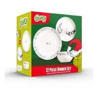 The Grinch™ 12-Piece Porcelain Dinner Set, 4 Place Settings, 27cm Dinner Plates, 20cm Side Plates, 14cm Bowls, Christmas Collection, Microwave and Dishwasher Safe