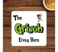 The Grinch Lives Here Gift Present Christmas Xmas Novelty Glossy Mdf Wooden Coaster Ideal For Tea/Coffee Drinks co65
