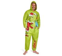 The Grinch Mens Fleece Onesie with Hood, Fleece Loungewear - Funny Gifts for Him (Green, M)