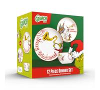 The Grinch™ Merry Grinchmas 12-Piece Porcelain Dinner Set, 27cm Dinner Plates, 20cm Side Plates, 14cm Bowls, Christmas Collection, Microwave and Dishwasher Safe