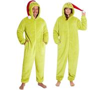 The Grinch Onesies for Adults S-3XL, Soft Hooded Onesie Pyjama With Pockets Santa Hat, Secret Santa Gifts for Men & Women (2XL, Green Adults)