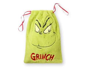 The Grinch Present Sack | Soft Fur Embroidered Multipurpose Christmas Theme Pouch | Green Festive Whoville Animated Character Drawstring Gift Bag | Seasonal Xmas Movie Merchandise Gift