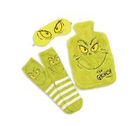 The Grinch Unisex Green Hot Water Bottle with Eye Mask and Socks | Fluffy Relaxation Set for Warmth and Sleep | Movie Character Merch