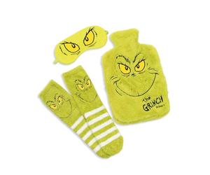 The Grinch Unisex Green Hot Water Bottle with Eye Mask and Socks | Fluffy Relaxation Set for Warmth and Sleep | Movie Character Merch