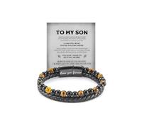 The Guardian - Son'S Tiger Eye Bracelet, Shielded By Love To Son Leather Black Bead Cuff Bracelet From Mom Dad Birthday Jewelry Gift For Men, L, Alloy Steel, no gemstone