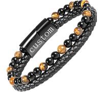 The Guardian - Son's Tiger Eye Bracelet, To My Son Tiger Eye Bracelet From Mom, Custom Mens Black Beaded Bracelets For Men And Women With Engraving Name, Cuff Bangle, Mens Gifts