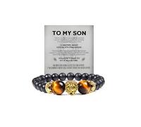 The Guardian - Son's Tiger Eye Protection Bracelet From Dad, Love You Forever Lion Crown Black Beaded Natural Stone Mens Gift Jewelry, M, Stone Stainless Steel, no gemstone