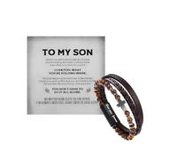 The Guardian - Son's Tiger Eye Protection Bracelet From Mom, Love You Forever Linked Together Leather Black Beaded Cuff Bangle Mens Birthday Weave Gift Jewelry, M, Leather Zinc, no gemstone