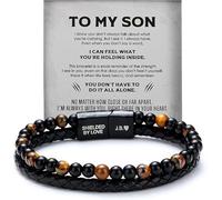 The Guardian - Son's Tiger Eye Protection Bracelet, Leather Black Beaded Bracelets for Women & Men with Engarved Name, Cuff Bangle Mens Beaded Bracelets, To My Son Bracelet from Mom, Mens Gifts