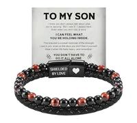The Guardian - Son's Tiger Eye Protection Bracelet, To My Son Custom Engraved Black Beaded Leather Bracelet, Stainless Steel Men's Inspirational Cuff Bracelets Jewelry Gift (Red)