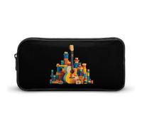 The Guitar and Building Blocks Pen Holder Pouch Large Storage Pencil Case with Zippered Stationery Bag Office