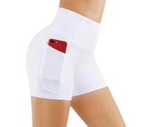 THE GYM PEOPLE High Waist Yoga Shorts for Women's Tummy Control Fitness Athletic Workout Running Shorts with Deep Pockets White
