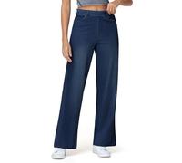 THE GYM PEOPLE Jeans for Women's Wide Leg Pull on Jeggings Stretchy Baggy Trendy Casual Straight Denim Pants with Pockets/Dark Blue-1/L