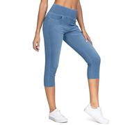 THE GYM PEOPLE Women's High Waisted Capri Jeggings Tummy Control Stretchy Pull on Jean Leggings with Pockets Denim Blue