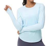 THE GYM PEOPLE Women's Long Sleeve Workout Shirts Athletic Crewneck Hiking Tops with Thumb Hole Light Blue